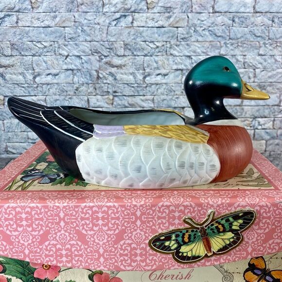 Vintage 80s FTD Ceramic Mallard Duck Planter Hand Painted Duck Decor - Picture 2 of 7